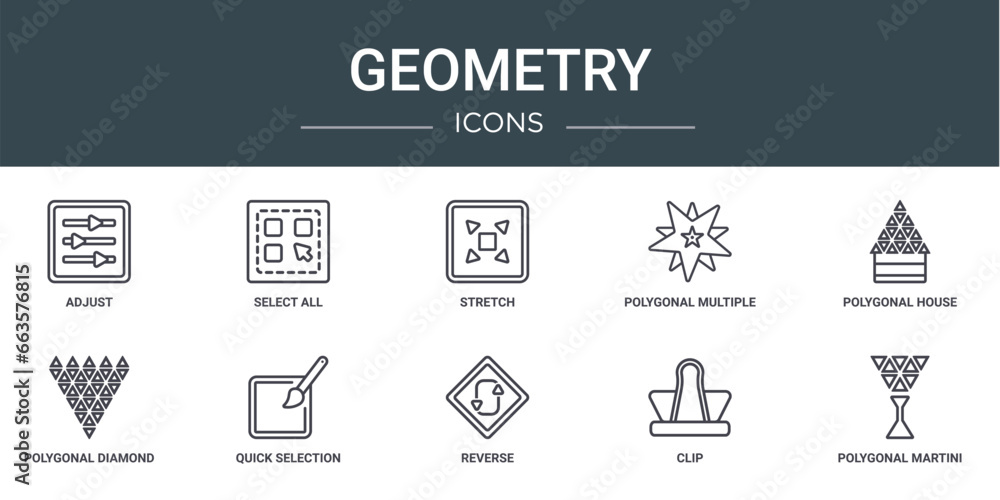 set of 10 outline web geometry icons such as adjust, select all, stretch, polygonal multiple stars, polygonal house or home building, polygonal diamond shape of small triangles, quick selection