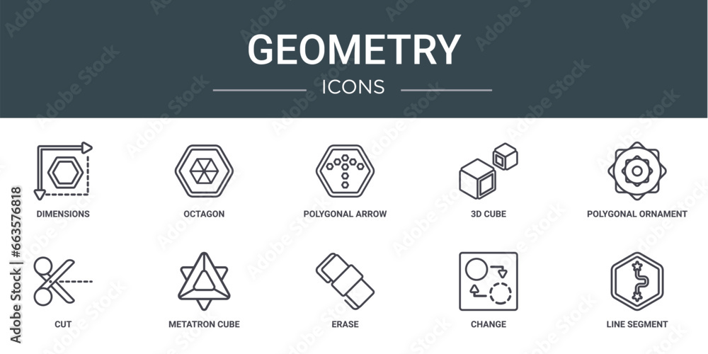set of 10 outline web geometry icons such as dimensions, octagon, polygonal arrow up, 3d cube, polygonal ornament of hexagons and triangles, cut, metatron cube vector icons for report, presentation,