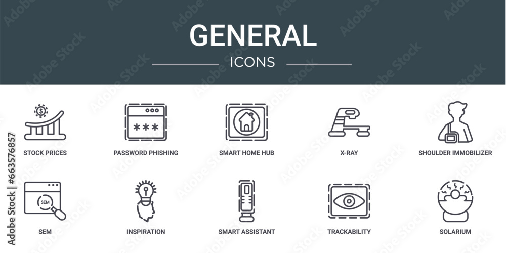 set of 10 outline web general icons such as stock prices, password phishing, smart home hub, x-ray, shoulder immobilizer, sem, inspiration vector icons for report, presentation, diagram, web design,