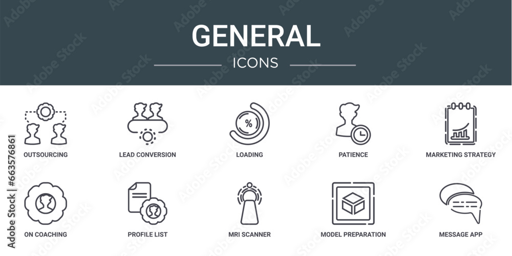 set of 10 outline web general icons such as outsourcing, lead conversion, loading, patience, marketing strategy, on coaching, profile list vector icons for report, presentation, diagram, web design,