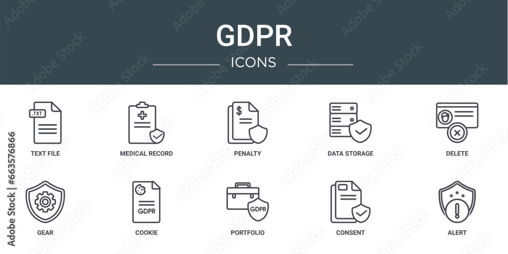 set of 10 outline web gdpr icons such as text file, medical record, penalty, data storage, delete, gear, cookie vector icons for report, presentation, diagram, web design, mobile app - obrazy, fototapety, plakaty 