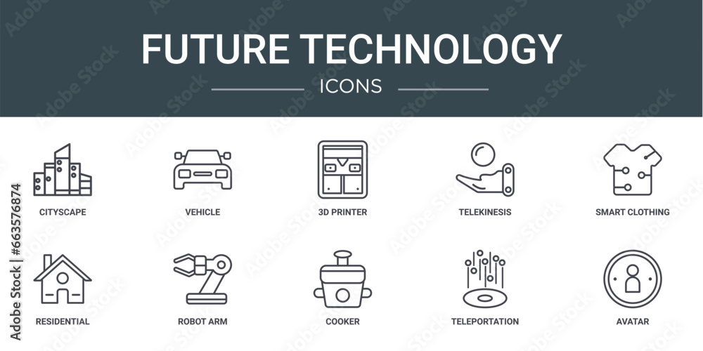 set of 10 outline web future technology icons such as cityscape, vehicle, 3d printer, telekinesis, smart clothing, residential, robot arm vector icons for report, presentation, diagram, web design,