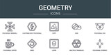 set of 10 outline web geometry icons such as polygonal windmill, lightning bolt polygonal, copy, disk, polygonal dog, coffee cup, undo vector icons for report, presentation, diagram, web design,