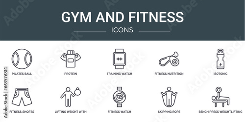 set of 10 outline web gym and fitness icons such as pilates ball, protein, training watch, fitness nutrition, isotonic, fitness shorts, lifting weight with right arm vector icons for report,