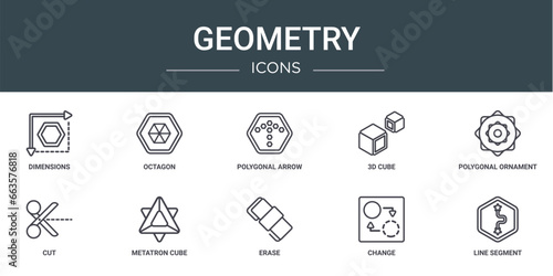 set of 10 outline web geometry icons such as dimensions, octagon, polygonal arrow up, 3d cube, polygonal ornament of hexagons and triangles, cut, metatron cube vector icons for report, presentation,
