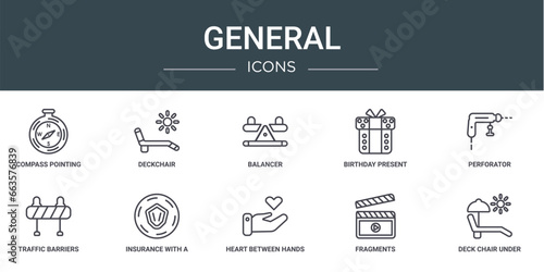 set of 10 outline web general icons such as compass pointing south east, deckchair, balancer, birthday present, perforator, traffic barriers, insurance with a button vector icons for report,