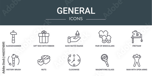 set of 10 outline web general icons such as sledgehammer, gift box with ribbon, save water badge, pair of binoculars, fretsaw, history brush, nuts vector icons for report, presentation, diagram, web