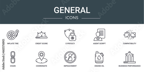 set of 10 outline web general icons such as inflate tire, credit score, e-privacy, agent script, compatibility, chain, coordinate vector icons for report, presentation, diagram, web design, mobile
