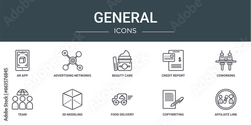 set of 10 outline web general icons such as ar app, advertising networks, beauty care, credit report, coworking, team, 3d modeling vector icons for report, presentation, diagram, web design, mobile