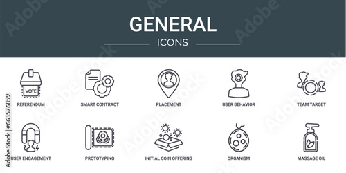 set of 10 outline web general icons such as referendum, smart contract, placement, user behavior, team target, user engagement, prototyping vector icons for report, presentation, diagram, web