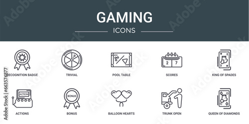 Fotografía set of 10 outline web gaming icons such as recognition badge, trivial, pool tabl