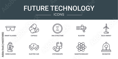set of 10 outline web future technology icons such as smart glasses, capsule, dna structure, blaster, eolic energy, wired gloves, electric car vector icons for report, presentation, diagram, web