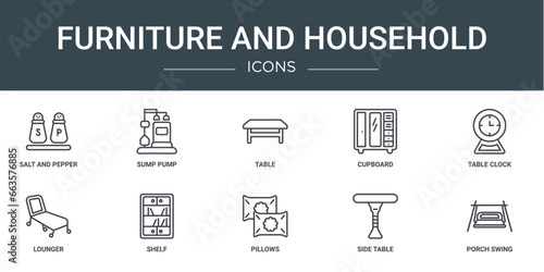 set of 10 outline web furniture and household icons such as salt and pepper shakers, sump pump, table, cupboard, table clock, lounger, shelf vector icons for report, presentation, diagram, web