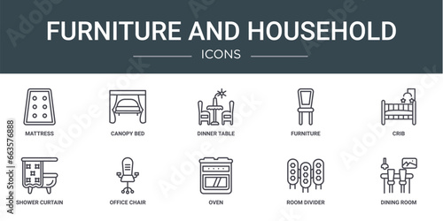 set of 10 outline web furniture and household icons such as mattress, canopy bed, dinner table, furniture, crib, shower curtain, office chair vector icons for report, presentation, diagram, web