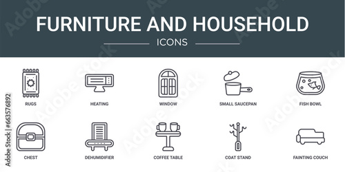 set of 10 outline web furniture and household icons such as rugs, heating, window, small saucepan, fish bowl, chest, dehumidifier vector icons for report, presentation, diagram, web design, mobile