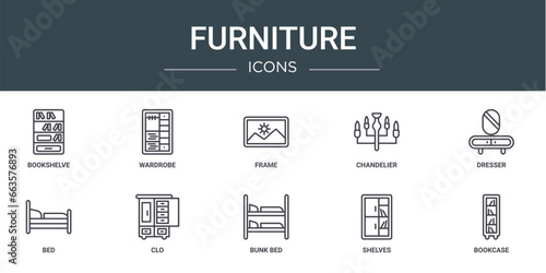 set of 10 outline web furniture icons such as bookshelve, wardrobe, frame, chandelier, dresser, bed, clo vector icons for report, presentation, diagram, web design, mobile app