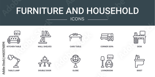 set of 10 outline web furniture and household icons such as kitchen table, wall shelves, card table, corner sofa, desk, table lamp, double door vector icons for report, presentation, diagram, web