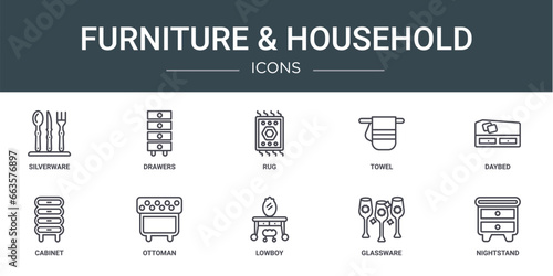 set of 10 outline web furniture & household icons such as silverware, drawers, rug, towel, daybed, cabinet, ottoman vector icons for report, presentation, diagram, web design, mobile app