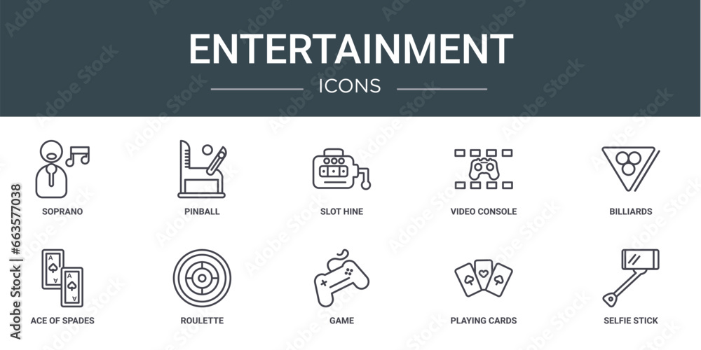 set of 10 outline web entertainment icons such as soprano, pinball, slot hine, video console, billiards, ace of spades, roulette vector icons for report, presentation, diagram, web design, mobile