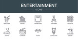set of 10 outline web entertainment icons such as magic cards, festival, curtain stage, lightsaber, tic tac toe, joystick, clapboard vector icons for report, presentation, diagram, web design,