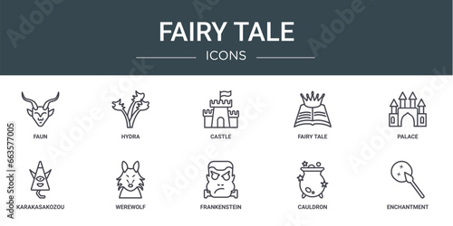 set of 10 outline web fairy tale icons such as faun, hydra, castle, fairy tale, palace, karakasakozou, werewolf vector icons for report, presentation, diagram, web design, mobile app