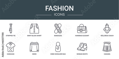 set of 10 outline web fashion icons such as stripped tie, skirt black short, bandages, handbag elegant de, wellness coach, hawaiian, skein vector icons for report, presentation, diagram, web design,