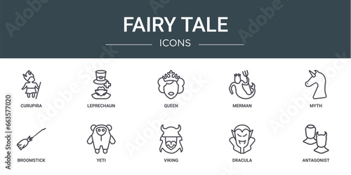 set of 10 outline web fairy tale icons such as curupira, leprechaun, queen, merman, myth, broomstick, yeti vector icons for report, presentation, diagram, web design, mobile app