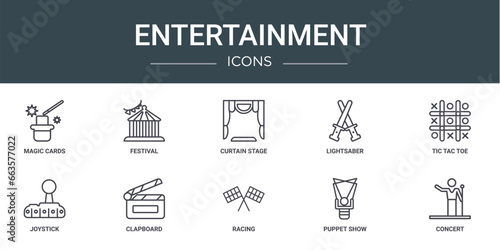 set of 10 outline web entertainment icons such as magic cards, festival, curtain stage, lightsaber, tic tac toe, joystick, clapboard vector icons for report, presentation, diagram, web design,