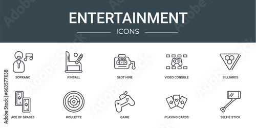 set of 10 outline web entertainment icons such as soprano, pinball, slot hine, video console, billiards, ace of spades, roulette vector icons for report, presentation, diagram, web design, mobile