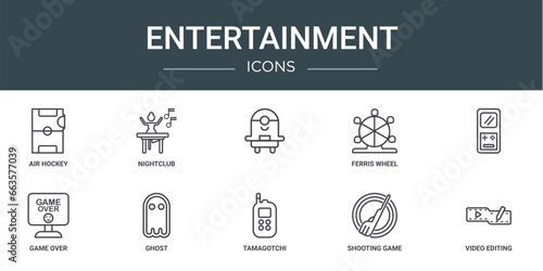 set of 10 outline web entertainment icons such as air hockey, nightclub, , ferris wheel, game over, ghost vector icons for report, presentation, diagram, web design, mobile