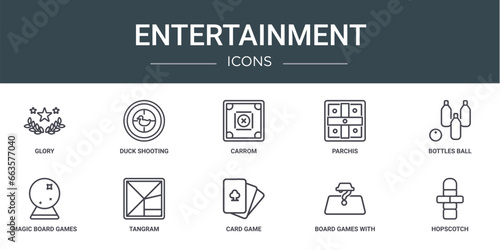 set of 10 outline web entertainment icons such as glory, duck shooting, carrom, parchis, bottles ball, magic board games, tangram vector icons for report, presentation, diagram, web design, mobile