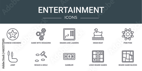set of 10 outline web entertainment icons such as chinese checkers, game with hexagons, snakes and ladders, swan boat, pom pom, jump, whack a mole vector icons for report, presentation, diagram, web