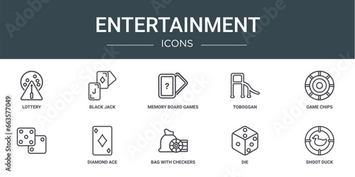 set of 10 outline web entertainment icons such as lottery, black jack, memory board games, toboggan, game chips, , diamond ace vector icons for report, presentation, diagram, web design, mobile app