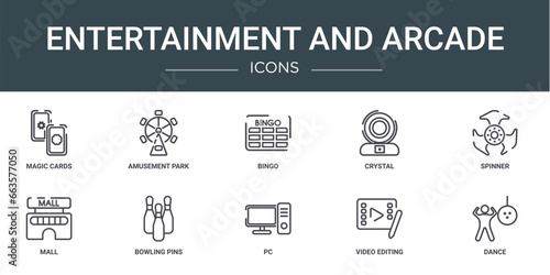 set of 10 outline web entertainment and arcade icons such as magic cards, amusement park, bingo, crystal, spinner, mall, bowling pins vector icons for report, presentation, diagram, web design,