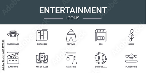 set of 10 outline web entertainment icons such as masquerade, tic tac toe, festival, zoo, g clef, clapboard, ace of clubs vector icons for report, presentation, diagram, web design, mobile app