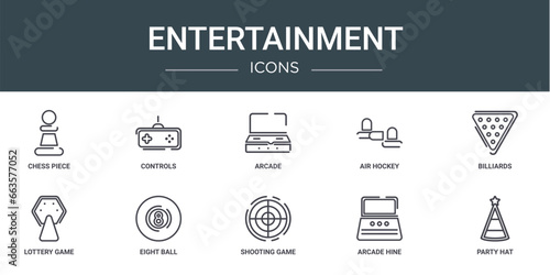 set of 10 outline web entertainment icons such as chess piece, controls, arcade, air hockey, billiards, lottery game, eight ball vector icons for report, presentation, diagram, web design, mobile