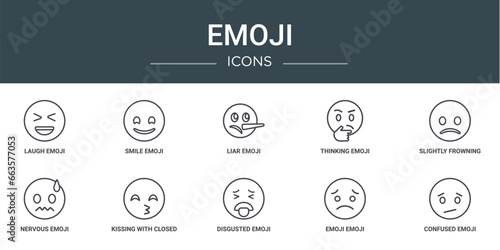 set of 10 outline web emoji icons such as laugh emoji, smile emoji, liar thinking slightly frowning nervous kissing with closed eyes vector icons for report, presentation, diagram, web design,