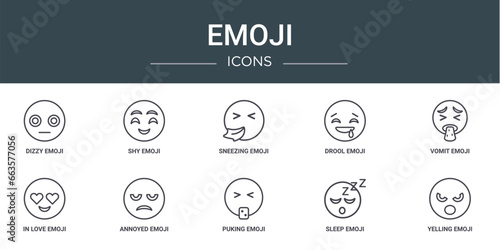set of 10 outline web emoji icons such as dizzy emoji, shy emoji, sneezing drool vomit in love annoyed vector icons for report, presentation, diagram, web design, mobile app