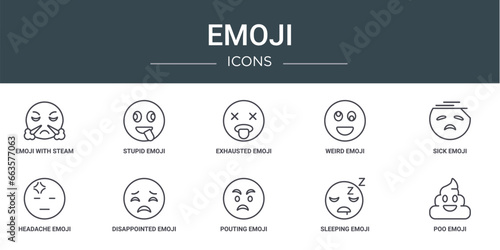 set of 10 outline web emoji icons such as emoji with steam from e, stupid emoji, exhausted weird sick headache disappointed vector icons for report, presentation, diagram, web design, mobile app