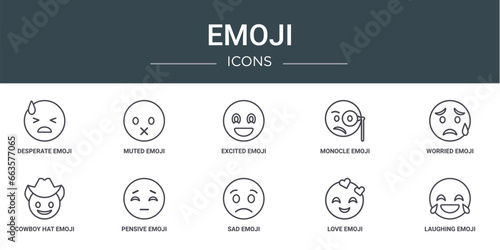 set of 10 outline web emoji icons such as desperate emoji, muted emoji, excited monocle worried cowboy hat pensive vector icons for report, presentation, diagram, web design, mobile app
