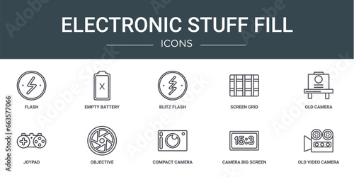 set of 10 outline web electronic stuff fill icons such as flash, empty battery, blitz flash, screen grid, old camera, joypad, objective vector icons for report, presentation, diagram, web design,