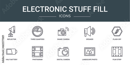 set of 10 outline web electronic stuff fill icons such as reflector, three quarters, shake camera, speaker, flash off, half battery, photogram vector icons for report, presentation, diagram, web