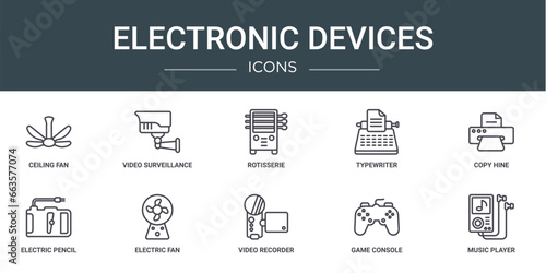 set of 10 outline web electronic devices icons such as ceiling fan, video surveillance, rotisserie, typewriter, copy hine, electric pencil sharpener, electric fan vector icons for report,
