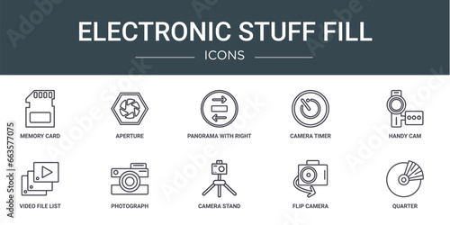 set of 10 outline web electronic stuff fill icons such as memory card, aperture, panorama with right arrow, camera timer, handy cam, video file list, photograph vector icons for report,