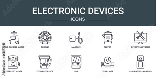 set of 10 outline web electronic devices icons such as cold-pressed juicer, turbine, magsafe, pertor, operating system, espresso maker, food processor vector icons for report, presentation, diagram,