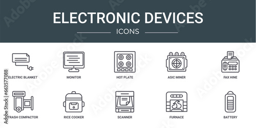 set of 10 outline web electronic devices icons such as electric blanket, monitor, hot plate, asic miner, fax hine, trash compactor, rice cooker vector icons for report, presentation, diagram, web