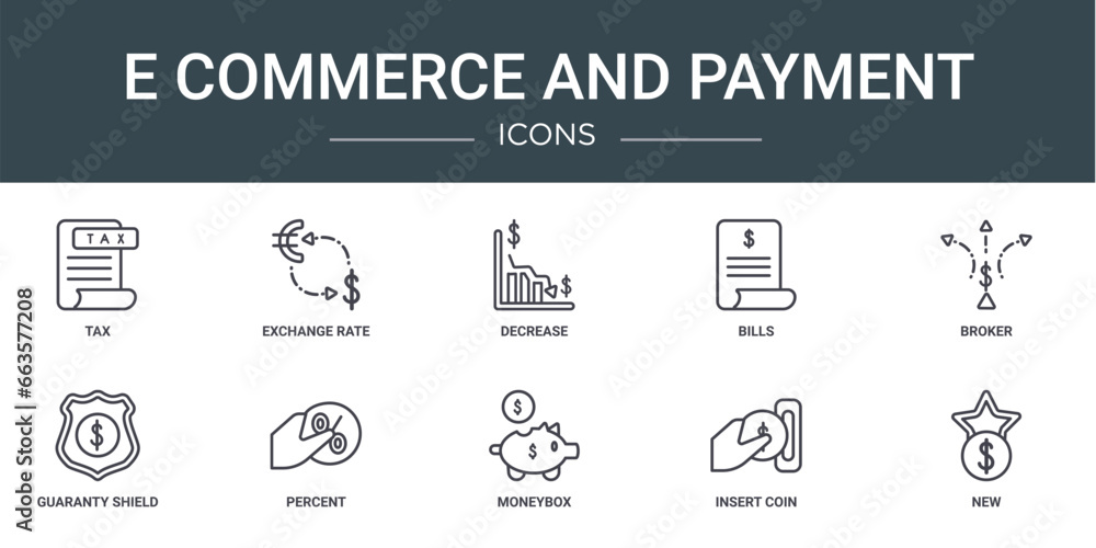 set of 10 outline web e commerce and payment icons such as tax, exchange rate, decrease, bills, broker, guaranty shield, percent vector icons for report, presentation, diagram, web design, mobile