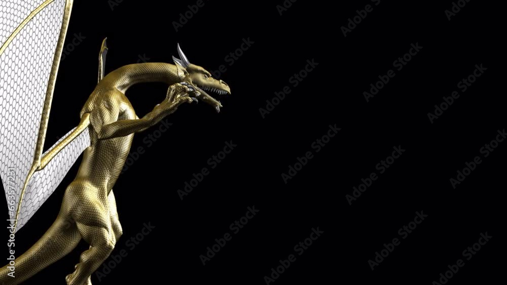 Golden Dragon - Side View CU - Realistic 3D animation loop isolated on transparent background with alpha channel Golden Dragon - Side View CU - Realistic 3D animation loop isolated on transparent background with alpha channel