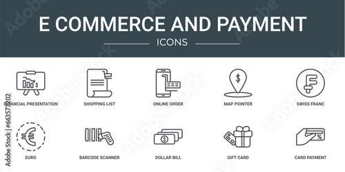 set of 10 outline web e commerce and payment icons such as financial presentation, shopping list, online order, map pointer, swiss franc, euro, barcode scanner vector icons for report, presentation,