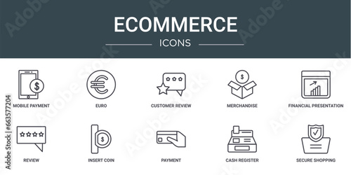 set of 10 outline web ecommerce icons such as mobile payment, euro, customer review, merchandise, financial presentation, review, insert coin vector icons for report, presentation, diagram, web
